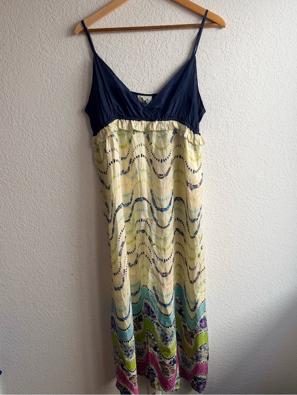 Anthropologie Mermaid Silk Navy Yellow Patterned Maxi Sundress Size XL